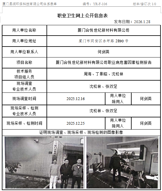 厦门合悦世纪新材料有限公司-职业卫生网上公示
