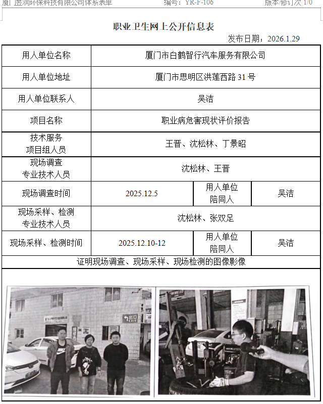 厦门市白鹤智行汽车服务有限公司-职业卫生网上公示